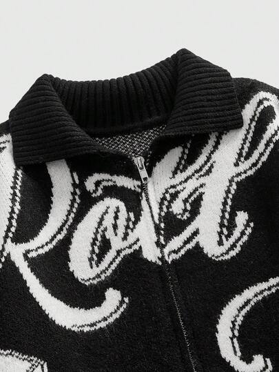 Men's Jacquard Knit Cardigan, Dark Streetwear Fashion