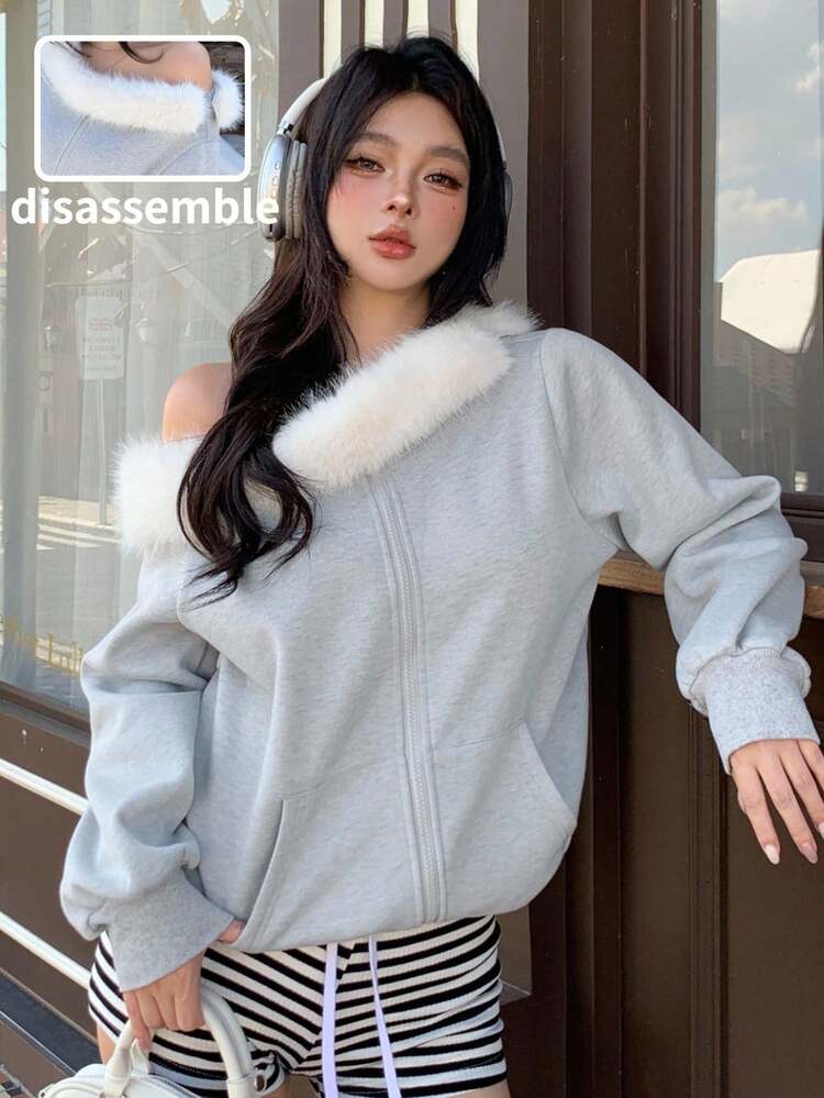 Women's Autumn/Winter Fuzzy Collar Patchwork Loose Casual Streetwear Sweatshirt, Fashion Design, Suitable For New Year & Christmas