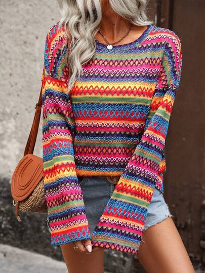 SHEIN PETITE 女士彩色仿毛皮针织面料宽松圆领长袖休闲T恤，适合海滩和度假穿着