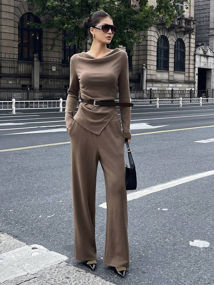 Women's Elegant Solid Color Draped Collar T-Shirt And Belted Pants 2 Pieces Set, Autumn