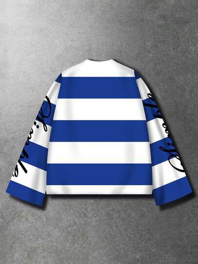 Street Life Camiseta de cuello redondo oversize con gráfico de letras y rayas azules y blancas para hombre