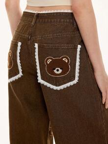 ROMWE Kawaii 女士复古可爱小熊蝴蝶结刺绣蕾丝拼接超低腰直筒牛仔裤 - 棕色 - 查看 2