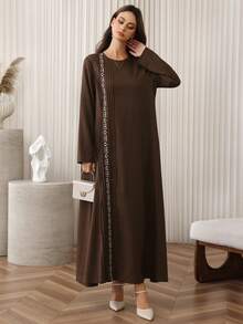 Al Najma Women's Vintage Casual Daily Wear Round Neck Long Sleeve Maxi Arabian Dress - Brown - View 6
