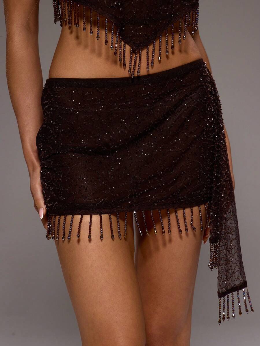 MUSERA 蕾丝流苏装饰修身垂褶迷你裙套装（仅下装）秋季性感优雅场合派对晚宴情人节假期春夏假日 - 巧克力棕 - 查看 1