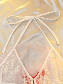 DelicateAllure Lencería de talla grande con parches de encaje de color contrastante y lazo - Rojo y blanco - Ver 6