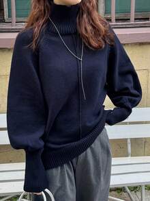 FRIFUL 女士纯色高领插肩袖灯笼袖时尚宽松针织套头毛衣 - 藏蓝色 - 查看 6