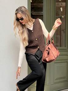 Serisse Colete feminino casual de tricô, cor sólida, decote em V e abotoamento simples, ideal para outono/inverno. Colete de tricô feminino, cardigã sem mangas, blusa marrom, cardigã marrom, suéter marrom, colete estilo western, blusa de tricô texturizado, colete de tricô grosso. - Castanho - Ver 6