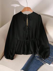 CosyJoli 大码纯色V领蕾丝拼接休闲长袖衬衫 - 黑色 - 查看 7