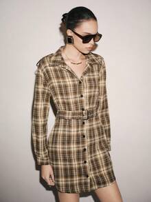 SHEIN Unity Vestido camisa de cintura ceñida a cuadros vintage, vestido de manga larga con solapa y abotonadura sencilla, vestido elegante de ajuste ceñido versátil para el trabajo y el otoño/invierno - Caqui - Ver 6