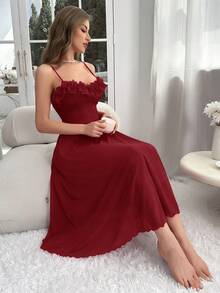 Slumberist 女式纯色荷叶边吊带睡袍 - 酒紅色 - 查看 5