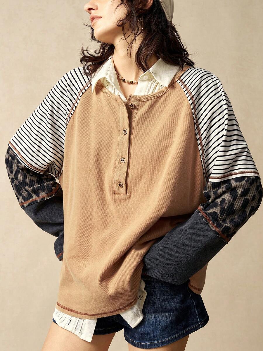 Bohemela Casual Knit Patchwork Half-Zip Loose Long Sleeve T-Shirt For Women