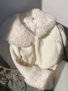 SHEIN EZwear 女式蓬松白色长袖宽松夹克，秋冬 - 白色 - 查看 4