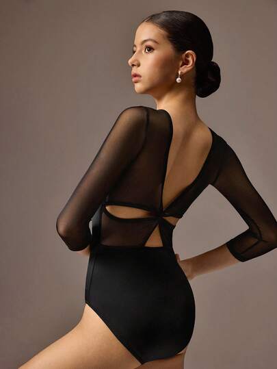 SHEIN 少女经典黑色芭蕾舞紧身衣，交叉露背设计，网纱袖，适合芭蕾舞、校园健身、训练、比赛、休闲穿着，时尚弹力网纱，长袖设计，高弹舒适