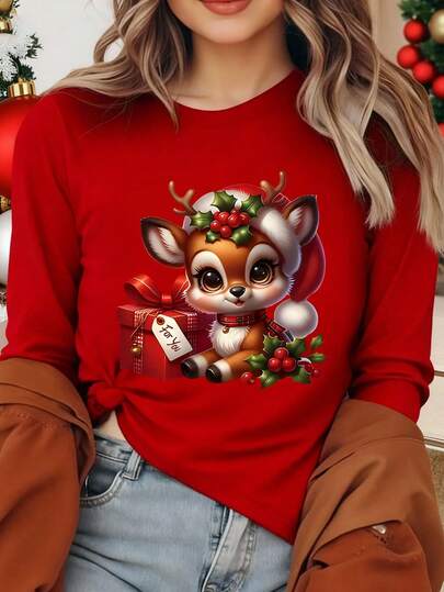 EMERY ROSE Camiseta de manga larga con cuello redondo y estampado de ciervos lindos, casual, para Navidad