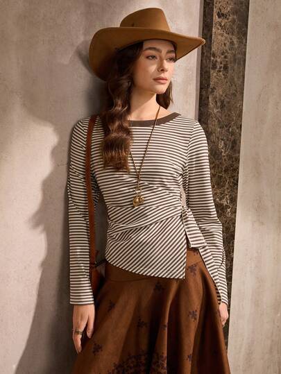 Wildy Camiseta de manga larga con un hombro, de un solo color, con dobladillo irregular, para uso diario, de estilo casual a rayas, para otoño/invierno