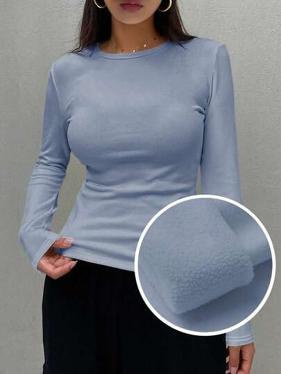 FRIFUL Women's Solid Color Round Neck Slim Fit Thermal Lined Long Sleeve T-Shirt, Autumn/Winter