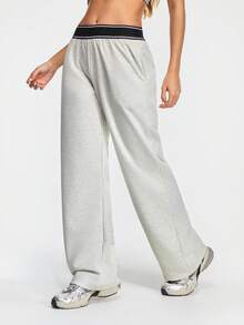 Eassivo Eassivo 女士撞色腰带口袋阔腿宽松运动裤 - 淺灰色 - 查看 3