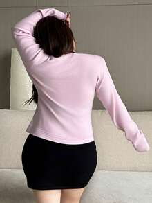 Dazy Plus V-Neck Solid Color Slim Fit Plus Size Women Pullover Sweater, Pink, Autumn/Winter - Pink - View 2