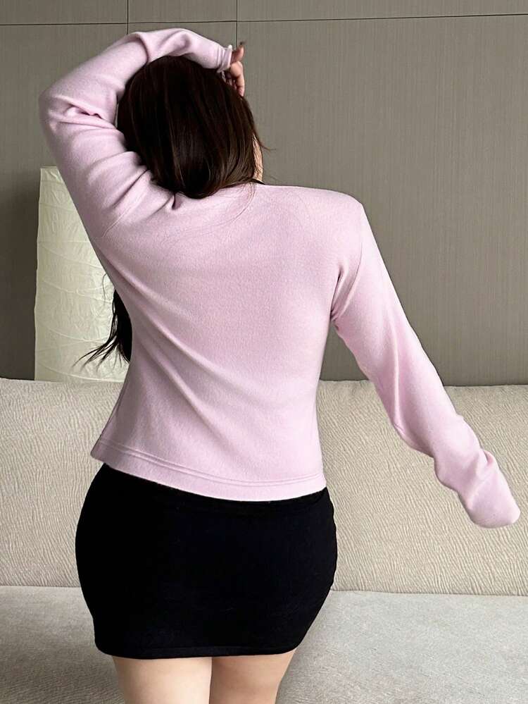 Dazy Plus V-Neck Solid Color Slim Fit Plus Size Women Pullover Sweater, Pink, Autumn/Winter