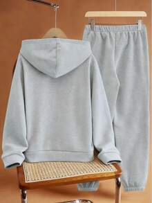 Vacaura Set de 2 piezas de ropa deportiva casual para niños preadolescentes: chaqueta con capucha con cremallera y pantalones con cordón para primavera/otoño - Gris - Ver 2