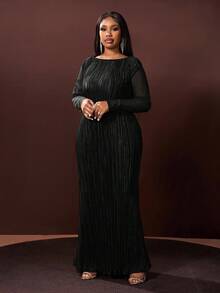 Veslaya Hàng mới về Thu/Đông, Thanh lịch & Dự tiệc & Hẹn hò & Buổi tối & Lễ tốt nghiệp & Sinh nhật & Đám cưới, Đầm maxi dài tay xếp ly dáng chữ A màu xanh lá cây trơn, phối lưới, cỡ lớn - A - màu đen - Xem 4