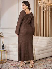 Modelyn Autumn/Winter Asymmetric Collar Butterfly Decor Button Sexy Cold-Shoulder Elegant Long Sleeve Plus Size Dress, Brown - Brown - View 2