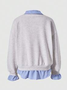 SHEIN ChillGRL 少女休闲套头卫衣，适合上学和通勤，二合一设计，带衬衫领，印有数字和字母，豹纹图案，宽松版型 - 灰色 - 查看 3