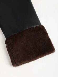 SHEIN Unity 女士时尚街头风拼接仿毛皮尖领系带长款PU皮风衣，秋冬款 - 彩色 - 查看 3