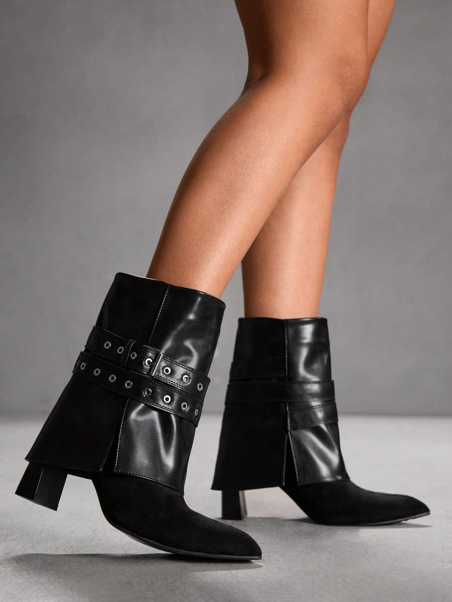 CUCCOO SZL Women's Fashion Thick High Heel Buckle Strap Black Street Mid-Calf Boots - Black - View 1