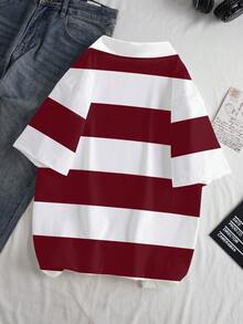 Manfinity Joysei 男士休闲时尚街头学院风撞色条纹字母印花短袖Polo衫，夏季 - 紅白色 - 查看 2