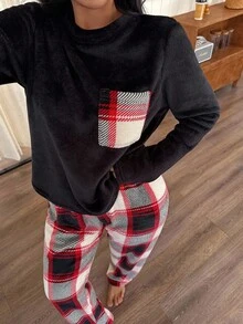 Snug Zone 女士保暖法兰绒格子蓬松睡衣套装，秋冬服装，舒适 - 黑色 - 查看 5