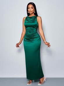 SOLERSUN Women's Elegant Solid Color Drape Neck Ruched Sleeveless Party Dress,Perfect For Banquets