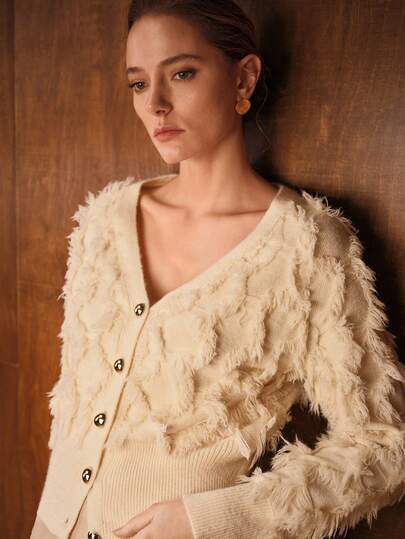 MOTF PREMIUM CARDIGAN DE MALHA COM DECOTE EM V E FRANJAS, MANGA LONGA, OUTONO/INVERNO