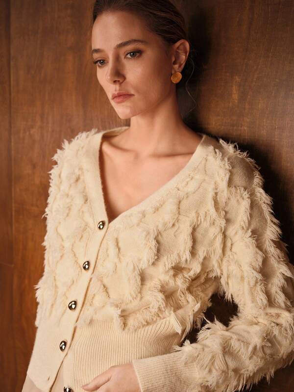 MOTF PREMIUM Dzianinowy kardigan z długim rękawem i dekoltem w serek, frędzlami, jesień/zima