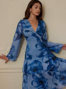 Revavyn 春夏新款印花雪纺多层性感喇叭裙 - 藍色 - 查看 7