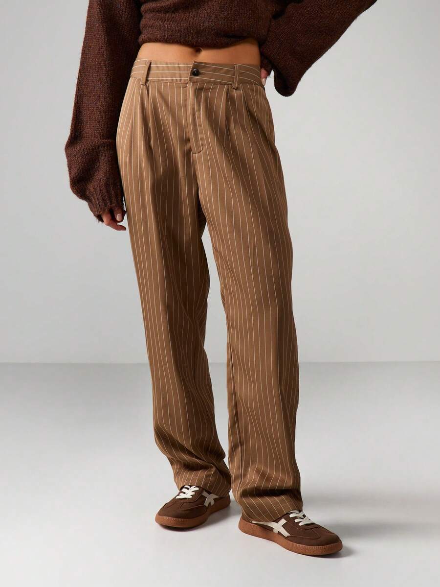 MISSGUIDED Quần ống rộng kẻ sọc cạp cao, xếp ly, phong cách cổ điển, thường ngày cho công sở, mùa thu đông - màu nâu - Xem 1