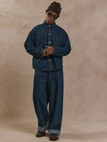 Musero 超大款长袖纽扣衬衫，秋冬必备牛仔衬衫 - 深色水洗藍 - 查看 1