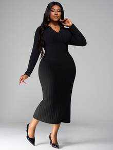 SHEIN PETITE CURVE 大码优雅休闲修身长袖V领红色连衣裙，适合秋冬季 - 黑色 - 查看 5