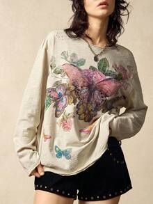 Bohemela Áo thun nữ cổ tròn tay dài dáng rộng, giặt thoải mái - Màu be - Xem 2