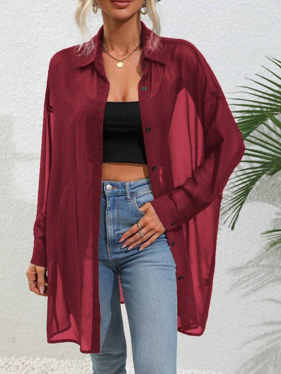 SHEIN LUNE Camisa casual de manga larga con botones delanteros transparentes de unicolor - Burdeos - Ver 1