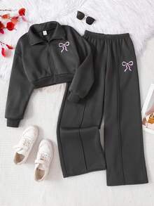 SHEIN Conjunto de 2 piezas de sudadera con cuello alto con cremallera, bordado de lazo y pantalones rectos con forro térmico para niñas preadolescentes, estilo de moda callejera casual, otoño/invierno - Gris Oscuro - Ver 1