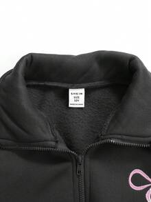 SHEIN Conjunto de 2 piezas de sudadera con cuello alto con cremallera, bordado de lazo y pantalones rectos con forro térmico para niñas preadolescentes, estilo de moda callejera casual, otoño/invierno - Gris Oscuro - Ver 7