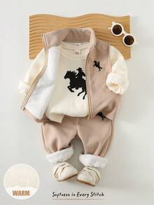 Cozy Pixies Bộ 3 áo nỉ len mềm mại có mũ trùm đầu màu trơn cho bé trai, quần cạp chun và áo vest không tay có đệm, họa tiết ngựa, thích hợp mặc trong nhà, ngoài trời thường ngày, trượt tuyết vào mùa thu/đông - Nhiều màu - Xem 1