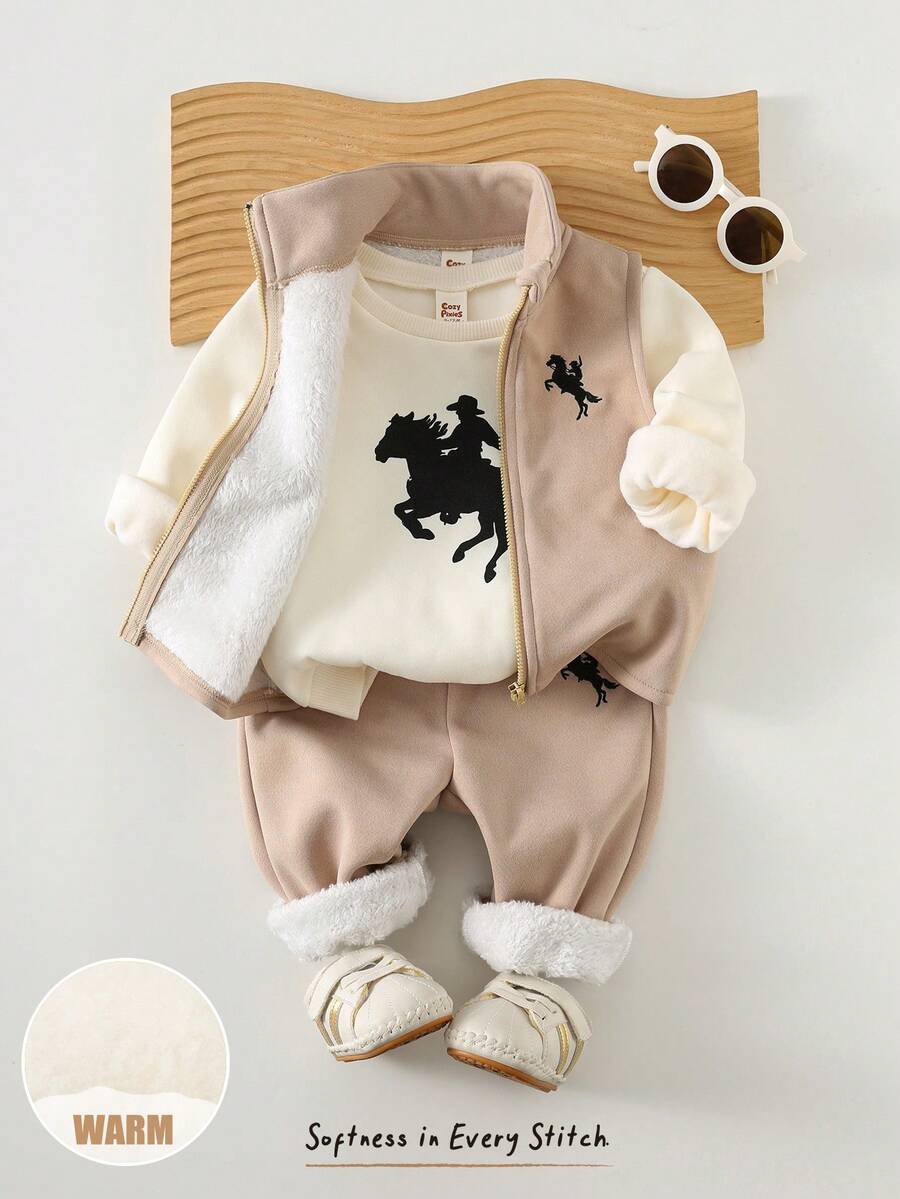 Cozy Pixies Bộ 3 áo nỉ len mềm mại có mũ trùm đầu màu trơn cho bé trai, quần cạp chun và áo vest không tay có đệm, họa tiết ngựa, thích hợp mặc trong nhà, ngoài trời thường ngày, trượt tuyết vào mùa thu/đông - Nhiều màu - Xem 1