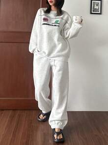 DAZY 冬季休闲字母印花抓绒宽松卫衣裤家居服套装，秋冬服装，舒适保暖。