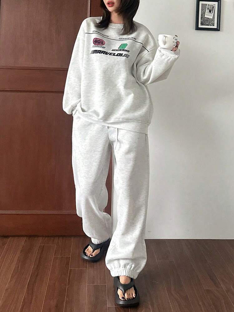 DAZY 冬季休闲字母印花抓绒宽松卫衣裤家居服套装，秋冬服装，舒适保暖。 - 淺灰色 - 查看 4