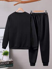 Mirajuku 2pcs Young Boy Casual Fashion Denim Patchwork Crew Neck Sweatshirt And Elastic Waist Jogger Pants Set, Loose Fit, Comfortable, Versatile, Suitable For Autumn, Spring, Winter, Daily Wear, Commute, Outdoor, Sports, School, Streetwear, Party, Photography - Multicolor - View 3