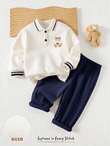 Cozy Pixies 2pcs Baby Boy Cartoon Bear Pattern Knit Soft Crew Neck Long Sleeve Pullover Sweatshirt And Elastic Waist Pants Set