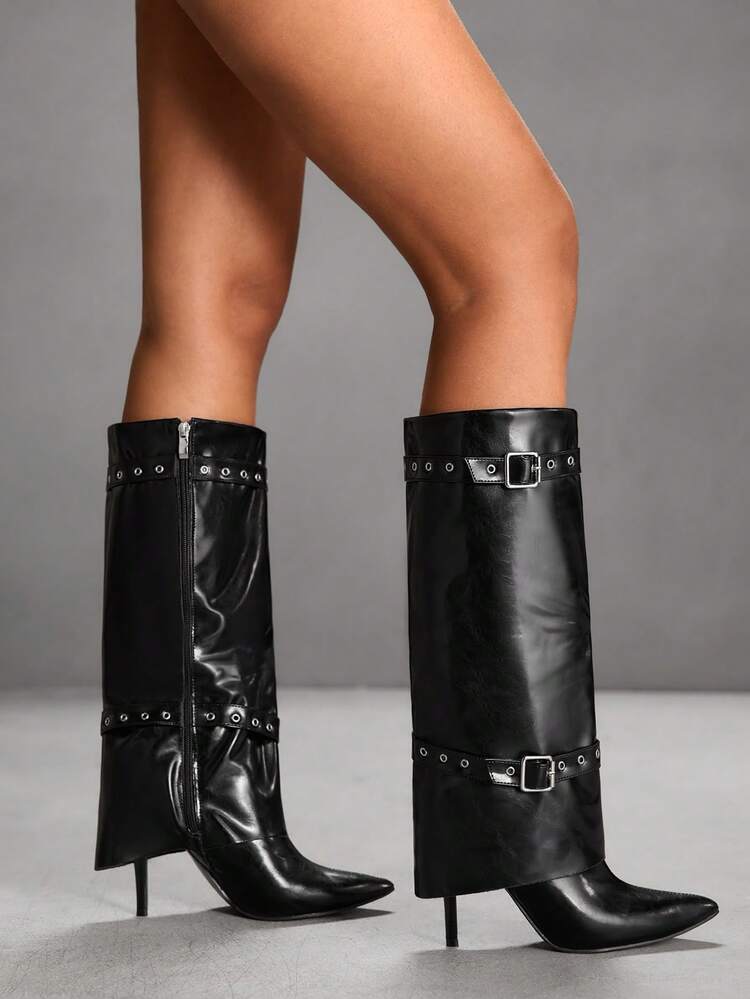 CUCCOO SZL Women's Pointed Toe Stiletto Heel Over-The-Knee Boots With Multiple Straps And Buckles, Punk Style Thigh High Boots