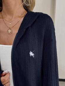 Easowa كنزة نسائية محبوكة بلون أزرق داكن للخروج، كنزة نسائية كاجوال مطرزة مزودة بسحاب، كنزة محبوكة بأكمام طويلة مع نقشة فارس وخطوط، ملابس كاجوال للخريف/الشتاء، كنزة بطراز بسيط، ملابس عمل للنساء في الخريف/الشتاء، كنزة نسائية زرقاء داكنة خفيفة - أزرق بحري - مشاهدة 4